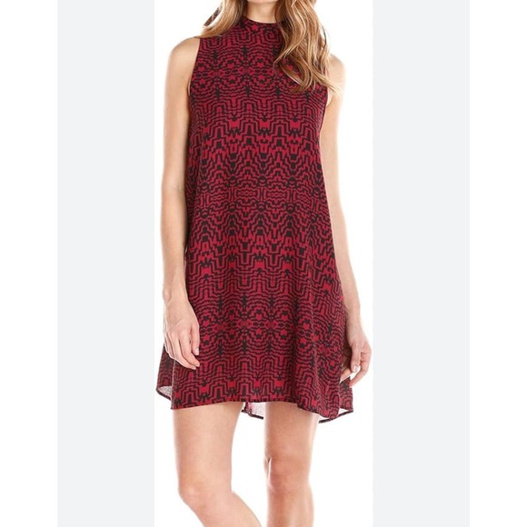 BB Dakota Red Black Trapeze Abstract Mock-neck‎ Shift Dress Size Medium - Picture 1 of 8